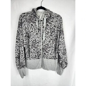 Athleta Full Zip Sweatshirt Hood Batwing Gray Cheetah Print Size Medium